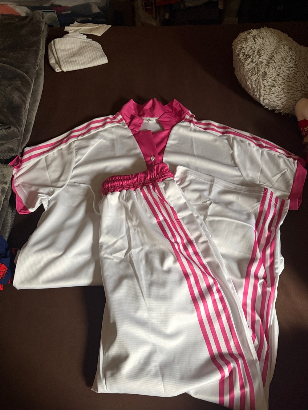 White & Pink Three-Stripe Track Pants and Top Set